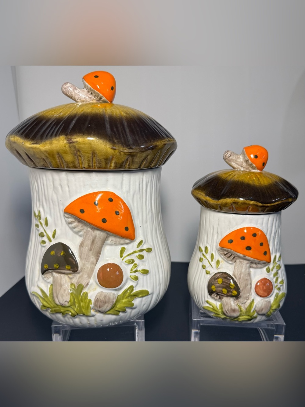 Rare Vintage Laurentian Pottery Canada Merry Mushroom Canisters - Set of 2